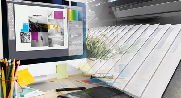 Collage für Web-to-Print Lösungen aus Monitor und Bleistiften, sowie Druckband in der Digitaldruckerei für Werbeagenturen & Prototyping & Web-to-Print Lösungen